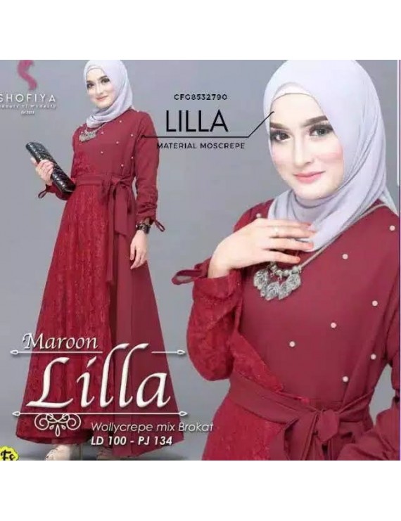 GAMIS LILLA BAHAN MOSCREPE KOMBI BROKAT FIT TO XL-XXXL LD 100-120 PJ 135-145 MUTIARA IMPORT.